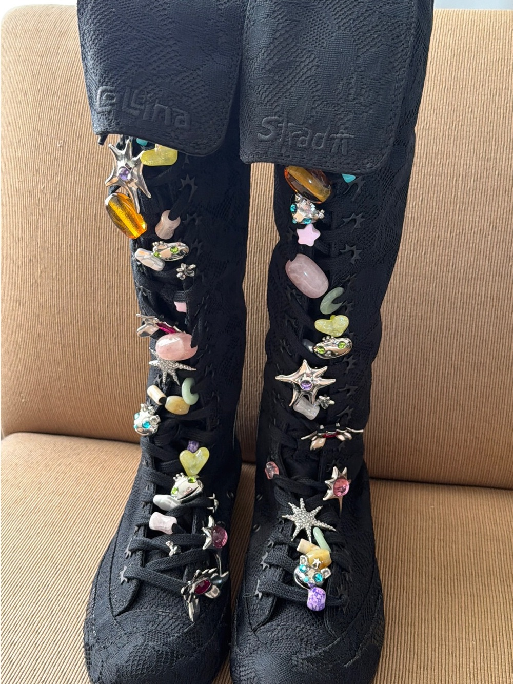 Collina Strada Black Over-the-Knee Embellished Lace-Up Boots